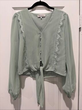 Wayf Light Sage Green Tie-Front Lace-Trim Blouse